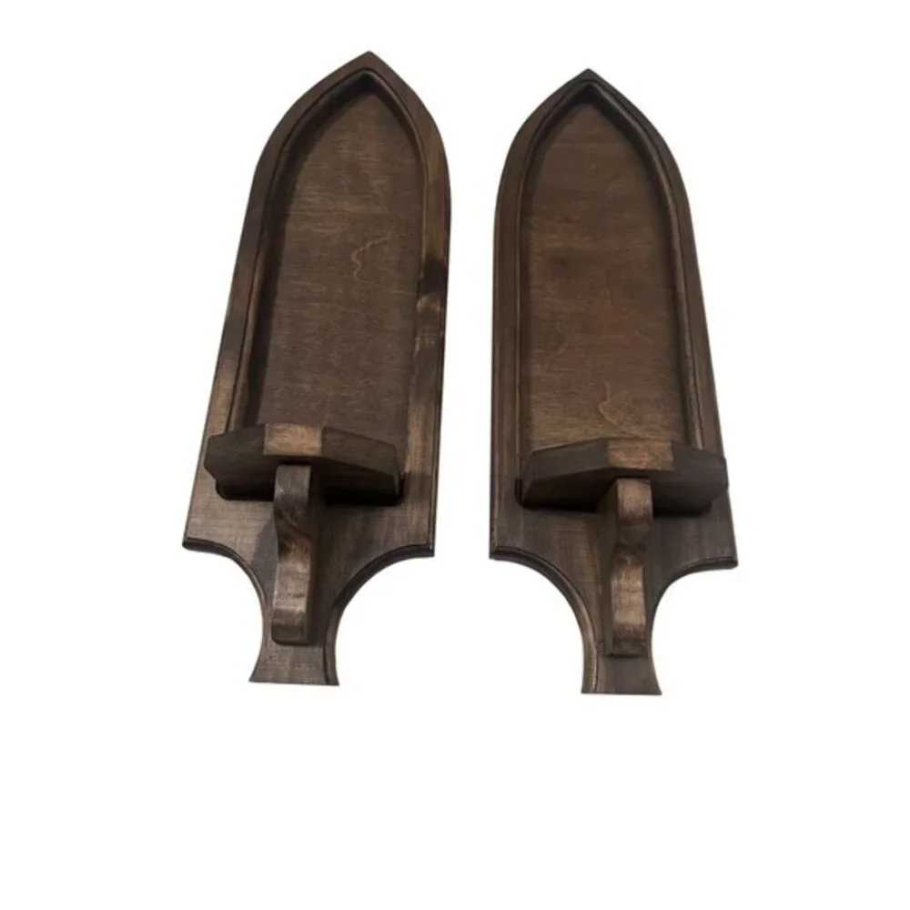 Gothic Arch Wood Wall Sconces Set of 2 Dark Walnut Candle Holders Handmade